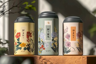 古风花卉图案茶叶罐三件套