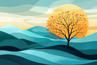 秋日孤树与远山风景图