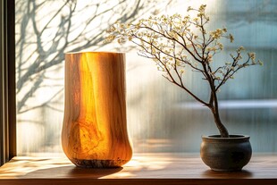 窗边木艺花瓶与雅致盆栽