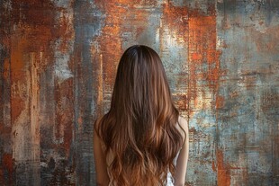长发女子背对斑驳墙面