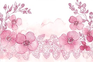 粉色花卉蕾丝边框水彩画