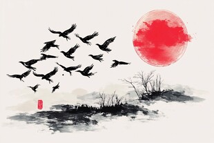 红日飞鸟水墨写意图景