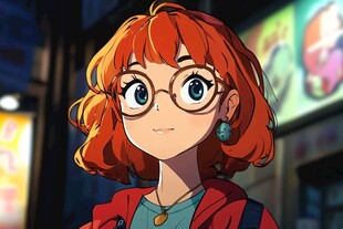 红发眼镜少女的街头瞬间