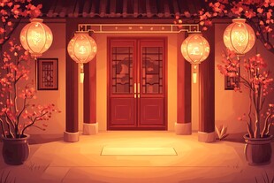 中式庭院门前喜庆灯笼景