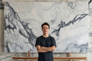 男子立于大理石纹理画作前