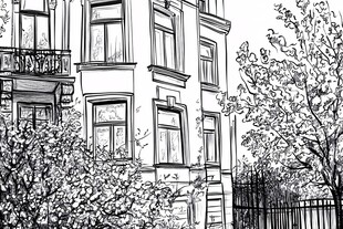 手绘欧式建筑与繁茂树木