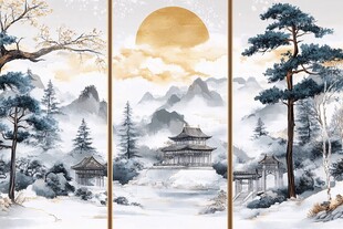 中式山水墨韵雪景画卷