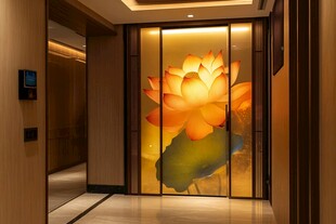 中式门厅的莲花艺术玻璃