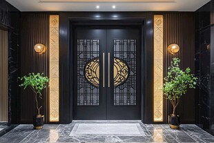 中式奢华双开门入户场景