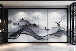 中式水墨山水鹿纹背景墙