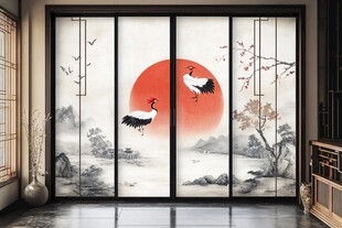 中式移门 丹顶鹤红日山水图
