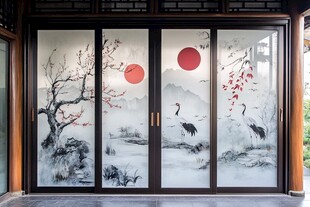 中式花鸟玻璃门艺术图景