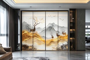 中式山水鹿纹客厅艺术屏风
