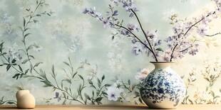 青花瓷瓶插紫花雅致画面