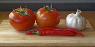 案板上的番茄辣椒与大蒜