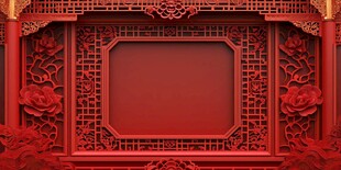 中式红雕花框架背景装饰