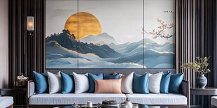 中式客厅山水挂画沙发场景