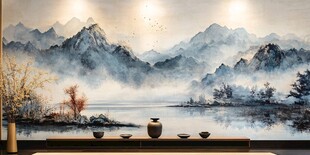 中式山水意境茶室背景图