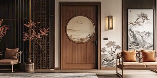 中式入户门与雅致室内景