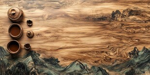 山水木纹上的雅致茶具