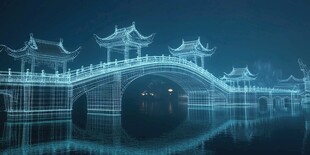 梦幻中式桥梁夜景光影图