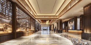 中式奢华酒店大堂走廊景观