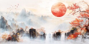 秋日山水间的壮丽落日景