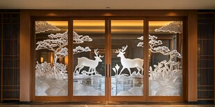 中式玻璃雕花 鹿与松景