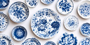 蓝白青花瓷盘精美陈列
