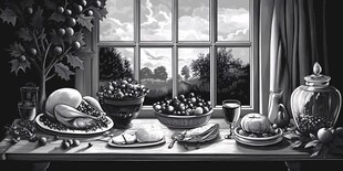 窗前丰盛静物美食画作