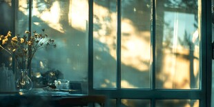 窗边花瓶与洒落的温暖阳光