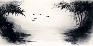水墨竹林飞鸟山水意境图