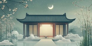 月夜中式小屋静谧景致