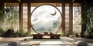 中式禅意茶室的月夜之景