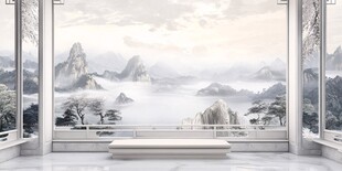 中式窗前的水墨山水景致
