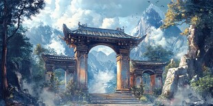 古风山林中的中式宏伟牌坊