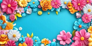 缤纷花朵环绕的蓝色背景