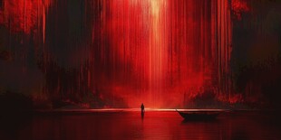 红色瀑布下的孤独身影