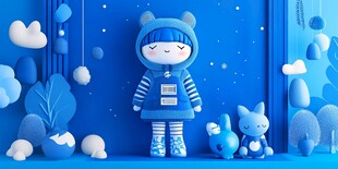 蓝色童话世界里的可爱玩偶