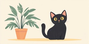 黑猫与绿植的温馨画面