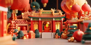 中式传统建筑节日布置场景