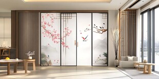 中式花鸟玻璃隔断客厅美景