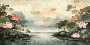 水墨荷塘泛舟诗意景象