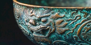 青铜兽首纹碗特写