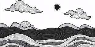 黑白海浪与云日风景图