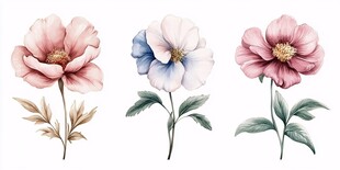 三朵手绘风格的美丽花卉