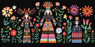 民俗风人偶与花卉插画