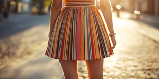 阳光下的多彩条纹裙女子