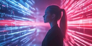 科技女性身处炫彩数字空间