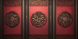 中式红底雕花屏风